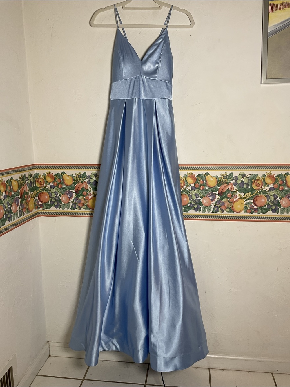 Sequin Hearts Light Blue Satin Corset Back Gown Pockets Size 5